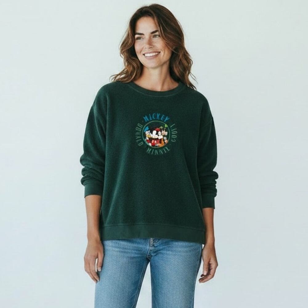 Disney Store Mickey And Friends Embroidered Sweatshirt Vintage Womens Sz L Green